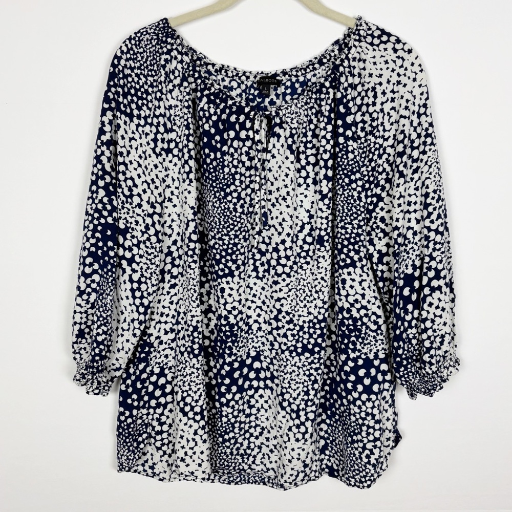 Talbots Abstract Clover Blouse Navy White Size Large - Picture 8 of 8